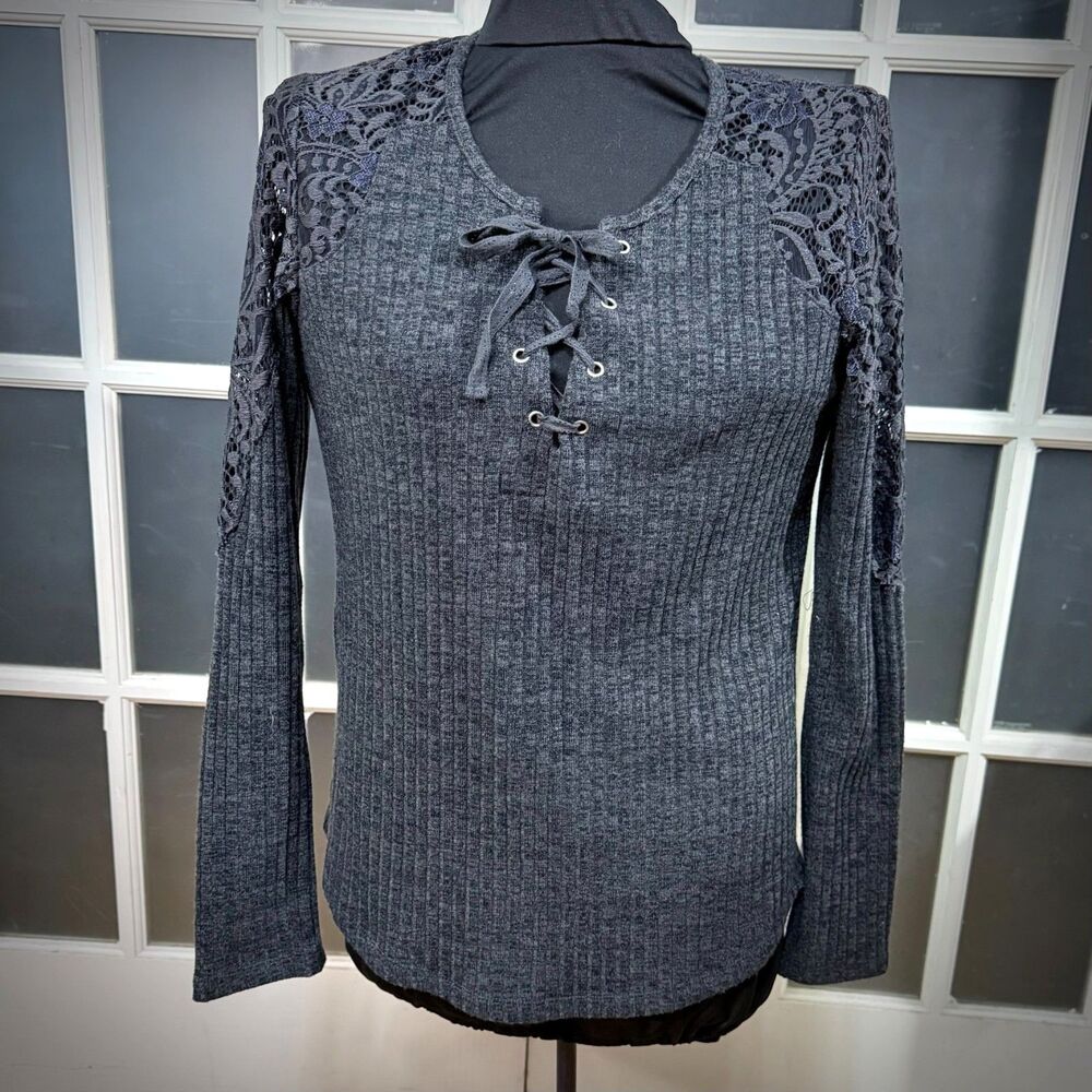 Democracy Charcoal Grey Ribbed Knit Lace-Up Front Top Long Sleeve Lace Yoke L